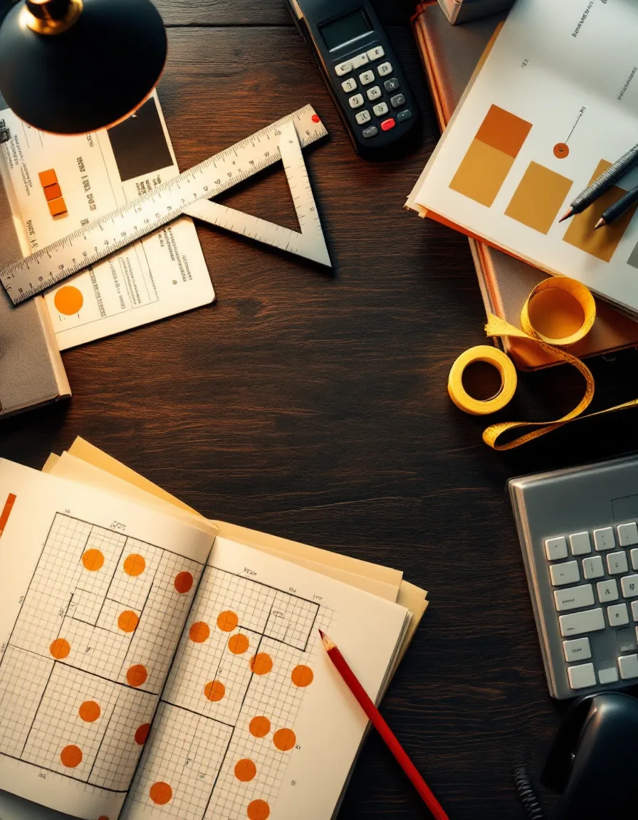 Overhead view of the drafting desk: an architect’s scale, a tabbed code binder, a red pencil on a marked-up cottage plan, a tape measure, and a desk phone