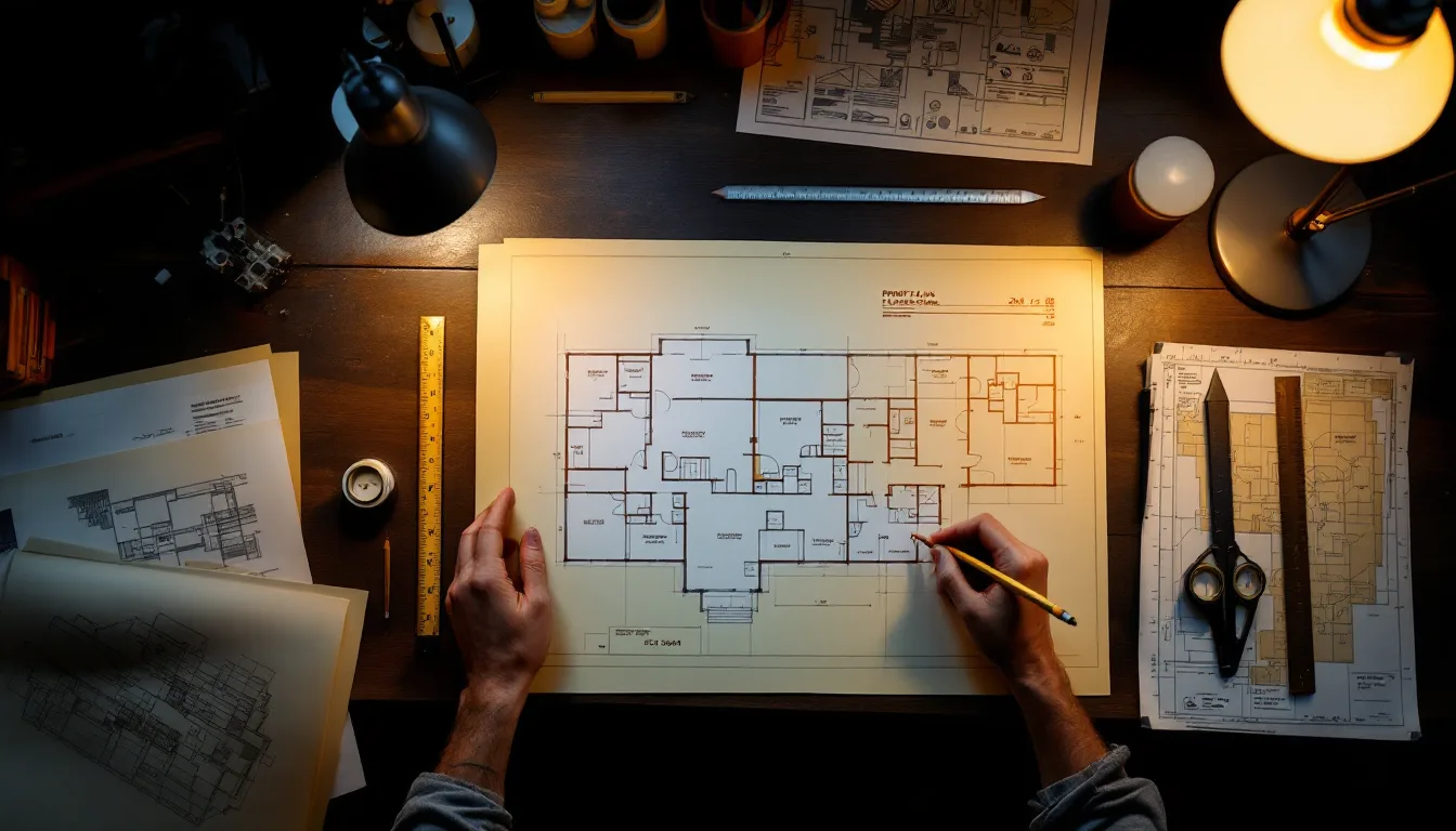 A drafting desk under lamplight with a cottage plan set fanned open, trace paper redlined in orange pencil, a scale ruler, a tape measure and a property survey