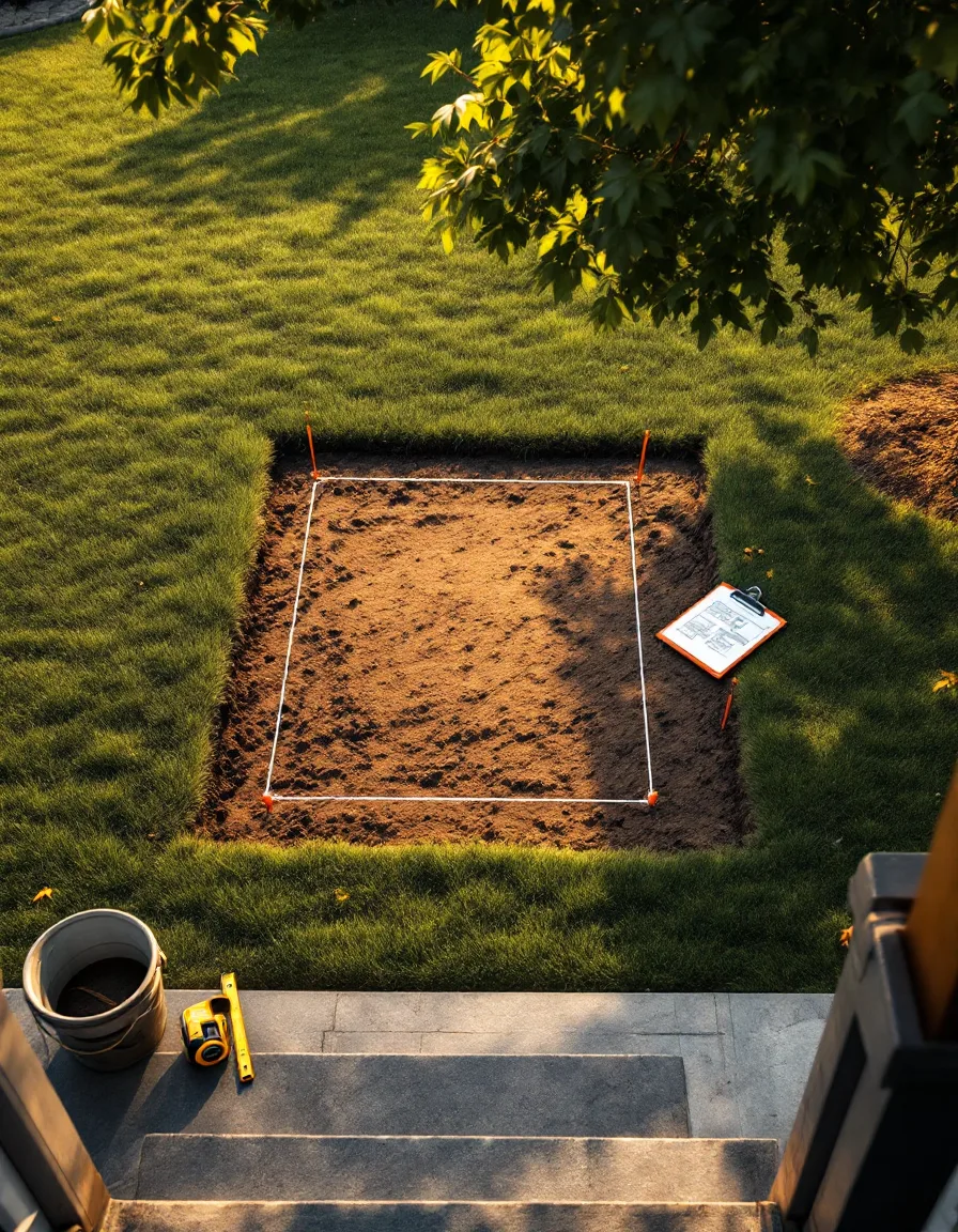A sloping backyard at golden hour with orange survey stakes and string lines marking out a small cottage footprint, a tape measure and a clipboard site plan nearby